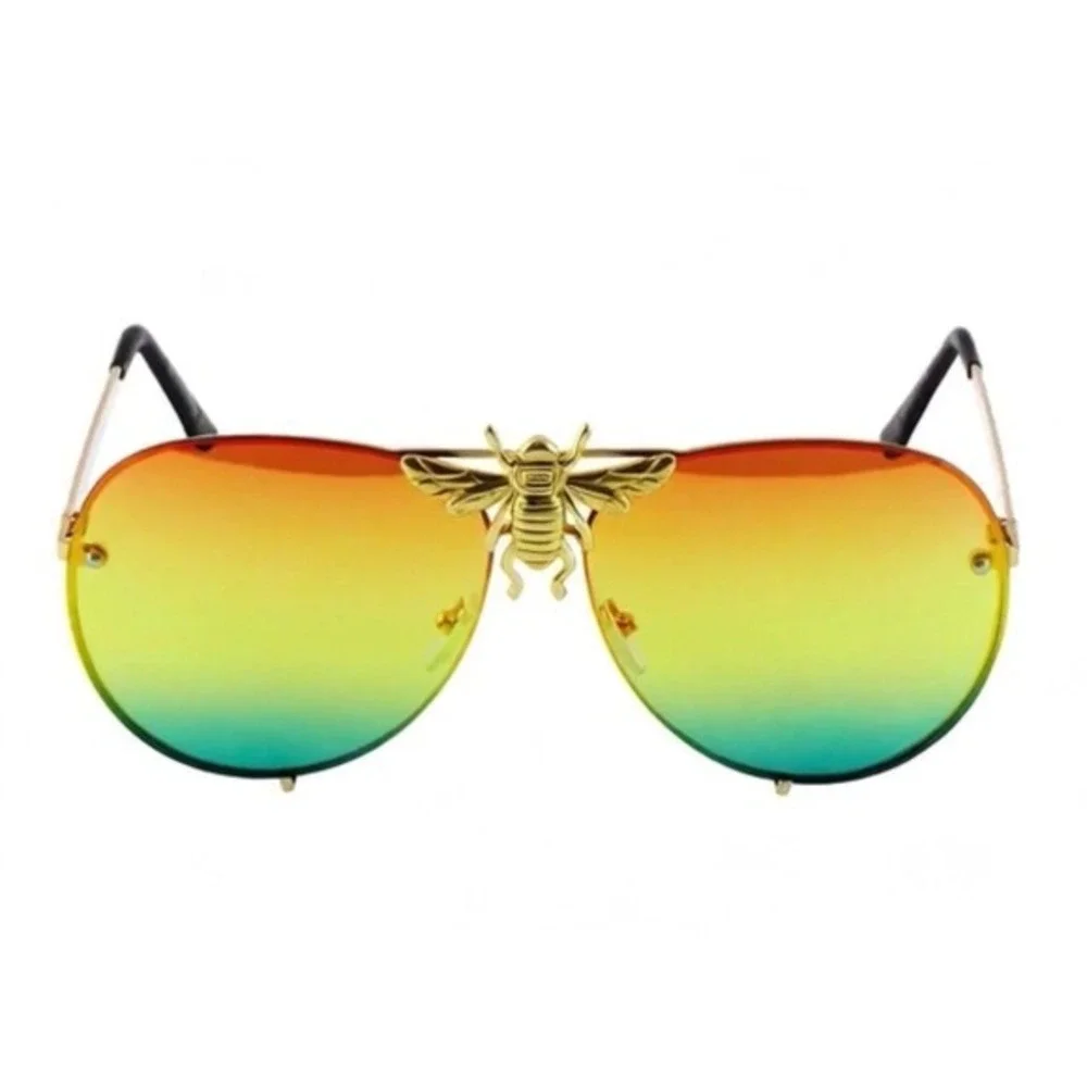 Aviator Sunglasses Rainbow Lens Gold Bee‎ Accent Fashion Sun Glasses
